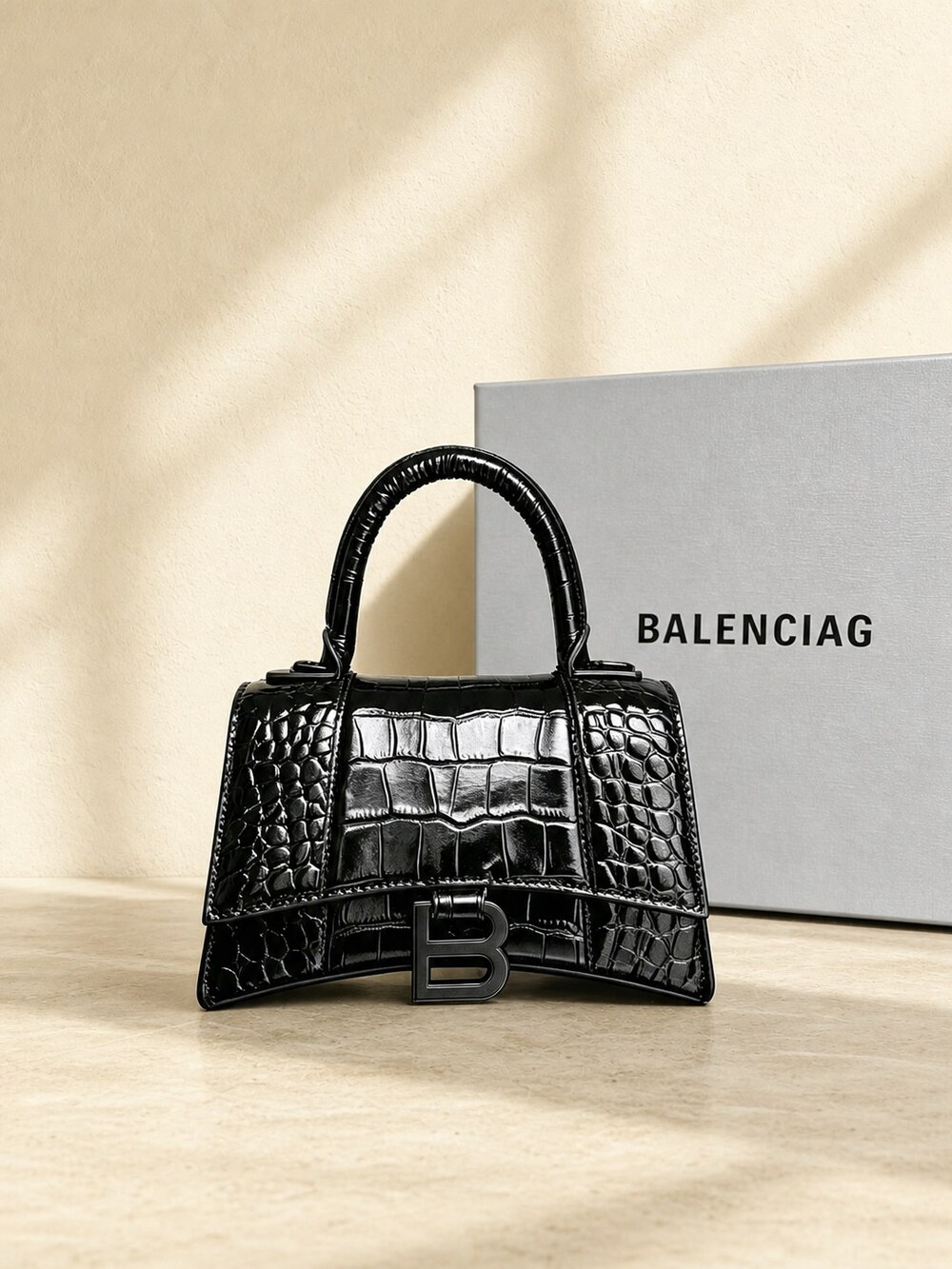 Balenciaga Hourglass XS Black Crocodile Embossed Handbag | New / Unused